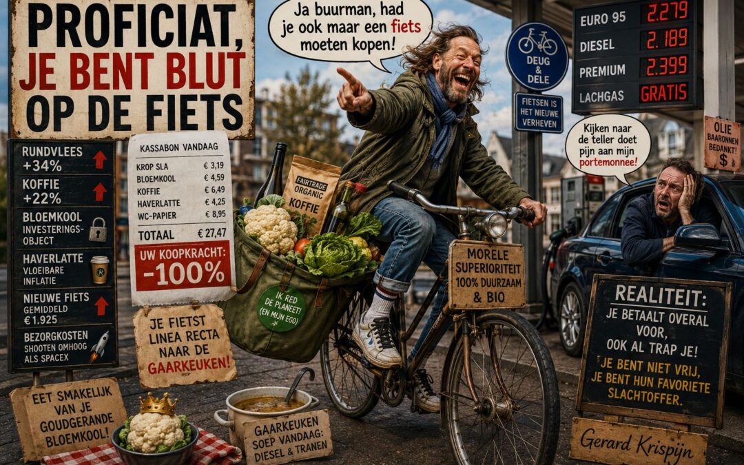 De lachende buurman op zijn fiets.